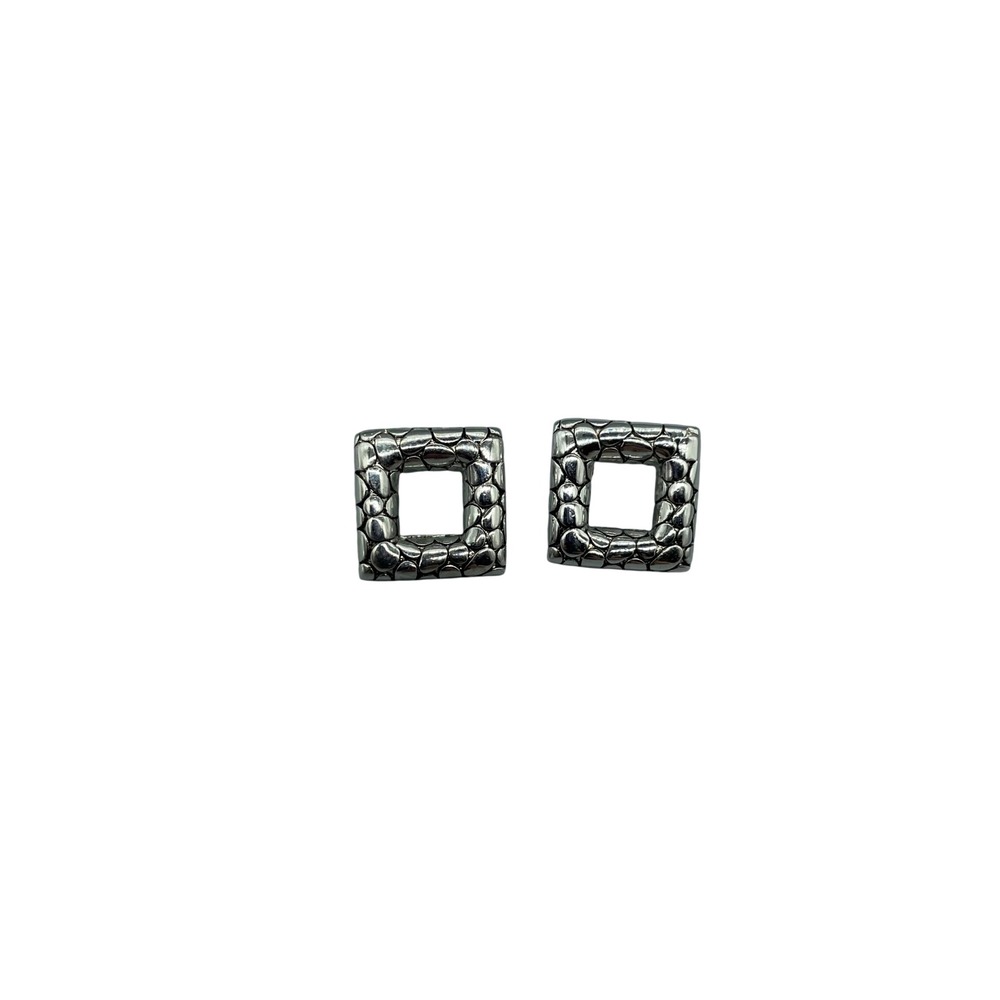 Silver Tone Textured Pebble‎ Square Stud Earrings Open Geometric Post Backs